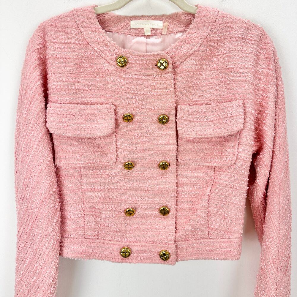 LoveShackFancy Keiran Pink Tweed Blazer Jacket Relaxed Preppy Gold Buttons XS - Picture 8 of 16